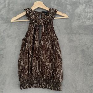 bebe Silk Halter Top Womens XXS Brown Animal Print Sexy Keyhole Shirred Waist